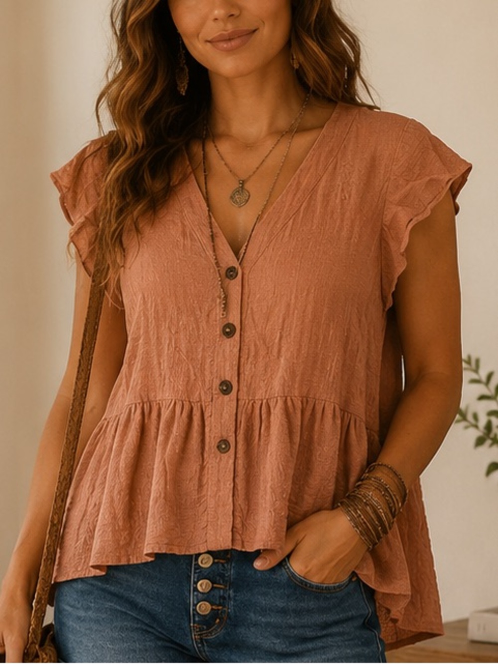 Love Sadie Peach Button-Down Peplum Blouse Small – Casual‎ Feminine Top